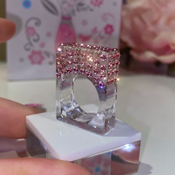 Clear Acrylic Ring With Pink Swarovski Crystals, Geometric Square Art Deco Ring - Picture 8 of 11